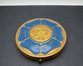 Vintage Vanity Item Resembles a 1920s Art Deco Powder Compact Made of Brass with Blue Enamel Detailing ~ Mirror Broken