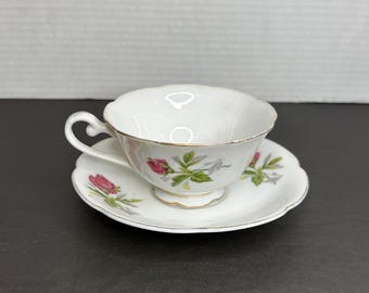 Juego de taza de té y platillo vintage de porcelana con rosas rosas y rojas de Royal Sealy
