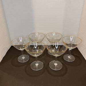 Vintage Set of 6 Gold Rimmed Stemmed Champagne or Sherbet Goblets