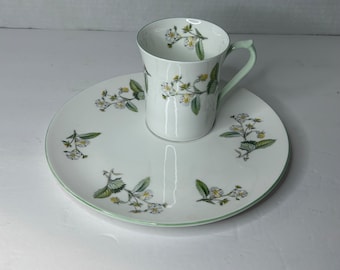 Vintage Queen's Rosina Kina England Vit med grönt blommotiv Lunchset Kaffe Te Mugg med Tallrik