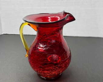 Amberina CRACKLE GLASS Pitcher 6" Pinched / Crimped top OPTIC Ribbed