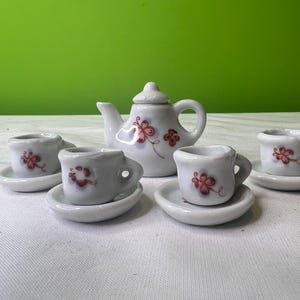 Vintage Miniature Tea Set Play Dishes Porcelain Pink Butterfly Teapot, Tea Cups, and Saucer Set ~ Butterfly worn on one cup