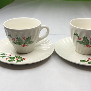 Conjunto vintage de 2 SCIO Japón Navidad acebo baya remolino borde tazas de café/té y platillos