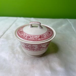 Puede incluir: Un azucarero de cerámica blanca con tapa, con un estampado floral rojo. El cuenco tiene forma redondeada y un pequeño asa en la tapa. El diseño es de estilo clásico y vintage, adecuado para servir azúcar u otros condimentos.