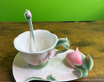 Vintage Pier 1 Imports "Rose" porcelain teacup, saucer, and spoon set