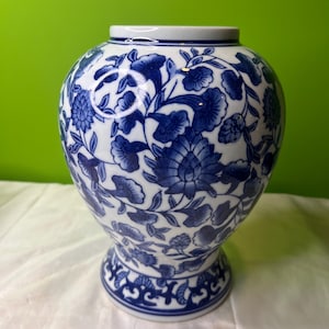Vintage Chinese Large Blue and White Porcelain Vase with Floral Motifs