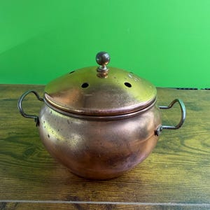 May include: A copper-colored, round pot with a lid and two handles. The lid has small holes and a small knob on top. The pot sits on a wooden surface against a green background.