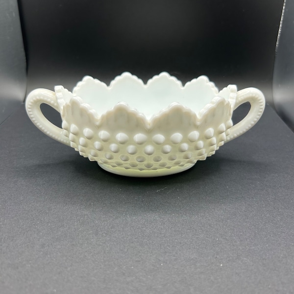 Vintage Fenton Milk Glass Hobnail 7” Two Handled Sugar Dish