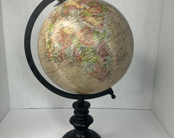 Vintage 8 in diameter Beige Globe with black wood stand and metal braket