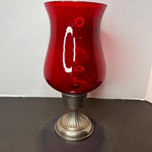 Vintage Extra Large Ruby Red Hurricane Glass Candleholder on Pewter Silver Metal Base