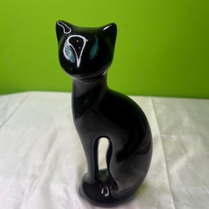 Vintage Ceramic Black Cat with Slanted Green Eyes, Ceramic Green Eyed Black Cat, Black Cat Figurine, Black Cat Ceramic Statue