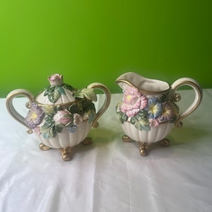 Vintage Fitz and Floyd Porcelain/Ceramic Creamer and Lidded Sugar Bowl with Decorative Spoon Beautiful Attached Floral Design with Gold Trim