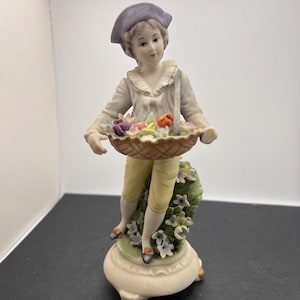 Vintage Napcoware Figurine of Boy Holding Basket of Flowers ~ Bisque Porcelain ~ Broken Fingers/Hand