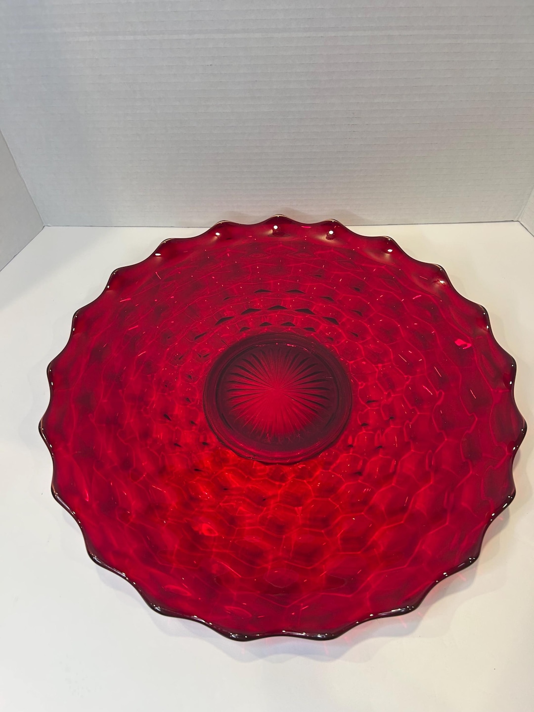 Ruby Plate Vintage XL Ruby Red 14.5” Ruffle Texture Geometric Serving Plate - Etsy