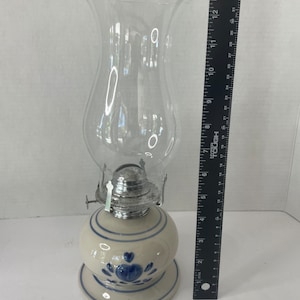 Lamplighter’s Farm Ceramic Oil Lamp with Blue Hearts/ Kerosene Table Lamp, with hurricane shade
