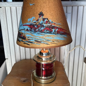 Vintage Nautical Red Glass Lighthouse Lamp and Shade