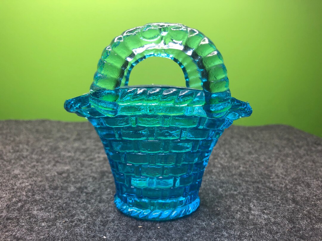 Vintage Classic Blue Glass Basket With Weave Pattern and Attached