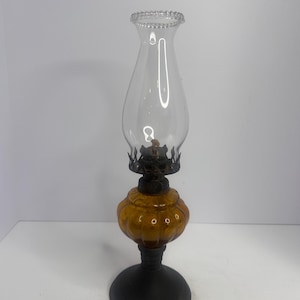Vintage Glass Amber Oil Lamp - Mid Century - Made in Hong Kong with Clear Hurricane Sawtooth Edge Shade