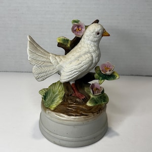 Vintage Mann Milano Porcelain by Eda White Dove Bird Perching Near Flowers Music Box