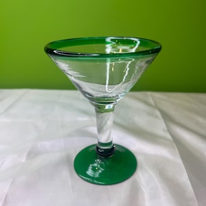 Vintage Mexico Martini / Margarita Glasses Green Rim and Base Hand Blown Glass