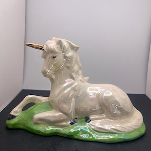 Vintage Ceramic Unicorn Laying Down in Green Figurine ~ Iridescent Glazed ~ Gold Horn