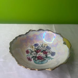 Vintage Trimont Ware Lusterware Iridescent Bowl Gold Rim Floral Center