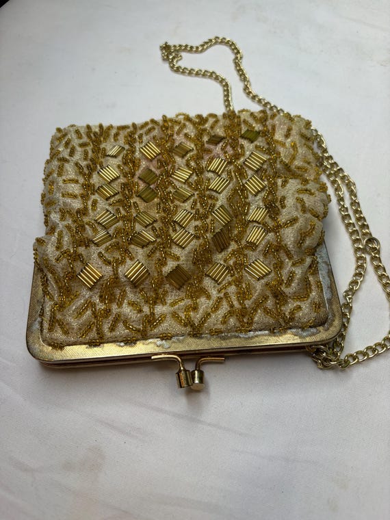 vintage Walborg gold beaded clutch purse, often featuring intricate needlepoint designs and a kiss lock closure. View 2