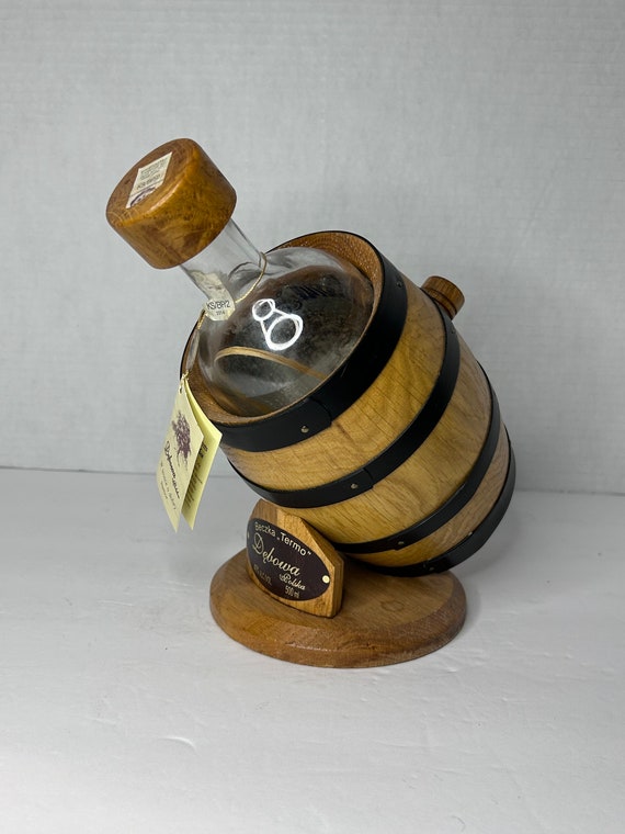 Vintage Debowa Polska Empty Vodka Bottle in Barrel Wooden Display Case 500ml Poland Beczka Termo