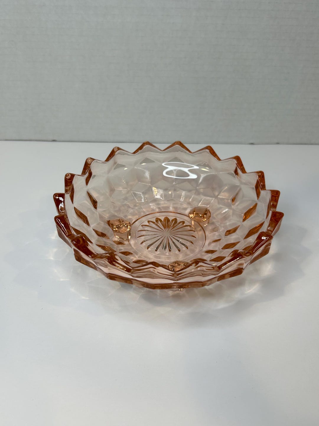 Vintage Pink Depression Glass Thick Geometric Zigzag Ridge Footed Bowl ...
