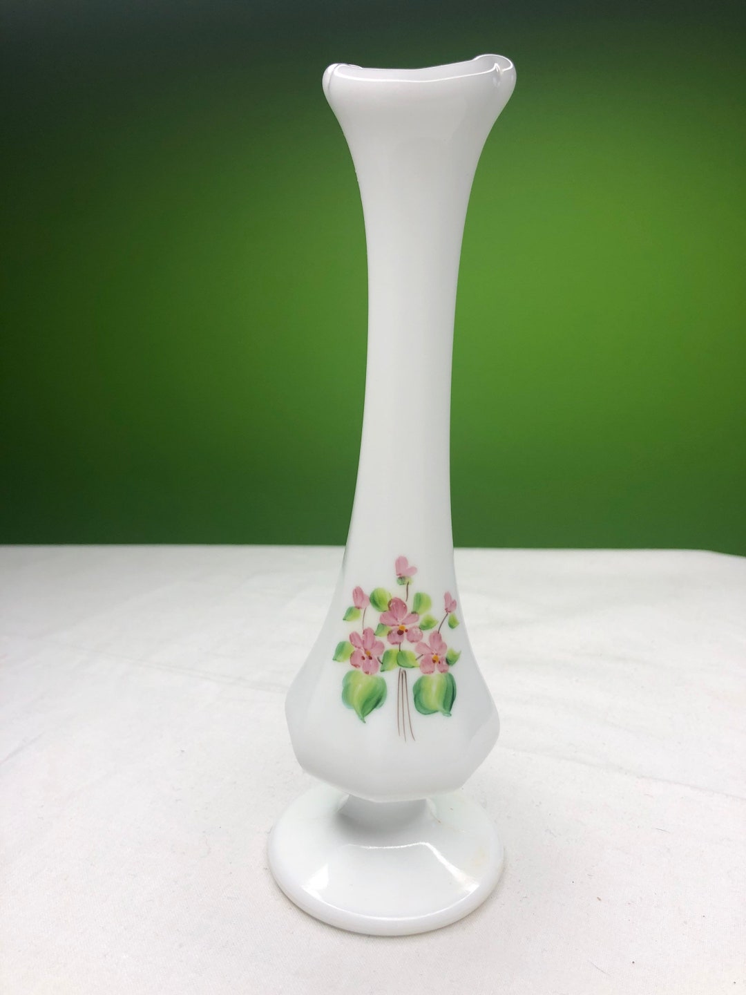 Vintage Fenton Hand Painted Milk Glass Bud Vase by Kim Blake
