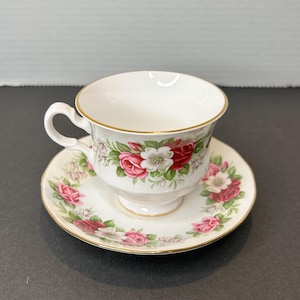 Vintage Queen Anne Ridgway Potteries Trio of Red White Pink Roses Tea Cup and Saucer