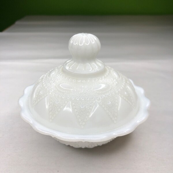 Vintage White Milk Glass Covered Candy Dish- 3 3/4”