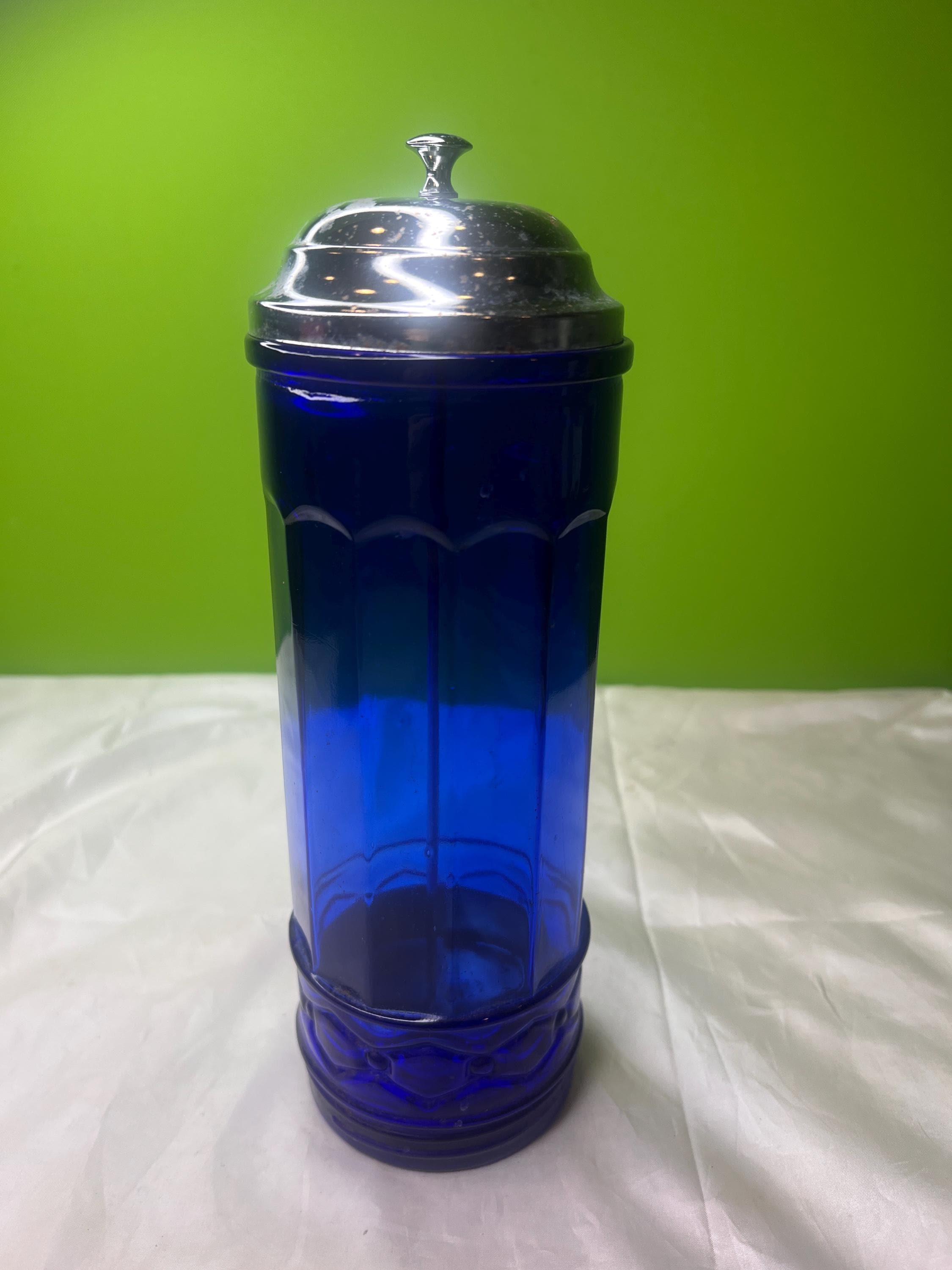 Vintage Cobalt Blue Depression Glass Straw Dispenser Chrome Lid