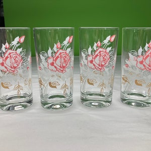 Vintage Heavy Glass pink rose and Gold leaf Highball Glass collection of 4