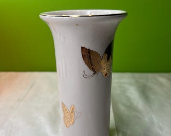Vintage Japan Takahashi Flower Bud Vase Ivory White With Gold
