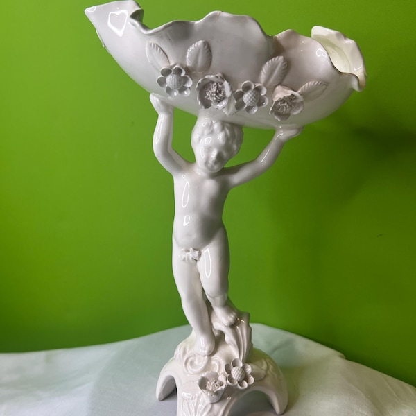 Vintage Lenwile Ardalt Handpainted Artware - Made in Japan - Exquisite Cherub - Holding Dish - White Ceramic