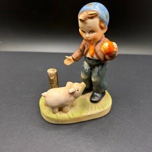 Vintage Porcelain Japan Handpainted Boy with Piglet Figurine