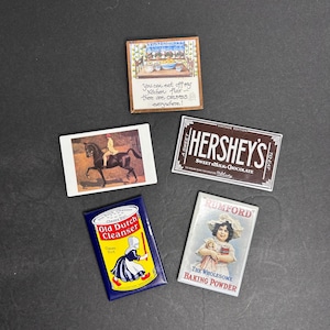 Vintage Assorted 5 Piece Tin Printed Refrigerator Magnets - Hershey’s, Rumford, Old Dutch Cleanser, George Ford Morris