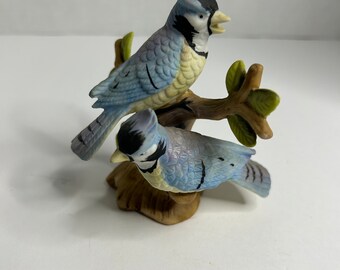 Vintage Bluejays auf einem Ast Porzellan handbemalte Figur