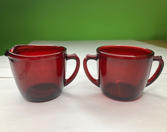 Vintage Ruby Red Glass Creamer and Sugar set