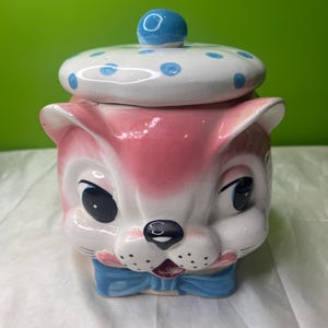 Vintage Grantcrest Mid Century Circa 1950's Pink Ceramic CAT Head COOKIE JAR with Blue Bow and Cap