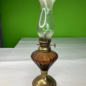Vintage Amber Glass Miniature Oil Lamp Clear Hurricane Globe 9 1/2” Hong Kong