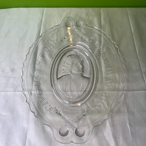 Vintage Clear Pressed Glass “Give Us This Day Our Daily Bread” Double Handled Serving Platter with Indian ~ Well Loved