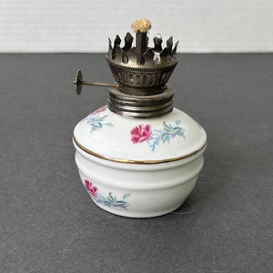 Vintage White Porcelain with Pink Roses Miniature Old Fashioned Oil Lamp