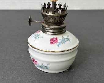 Vintage White Porcelain with Pink Roses Miniature Old Fashioned Oil Lamp
