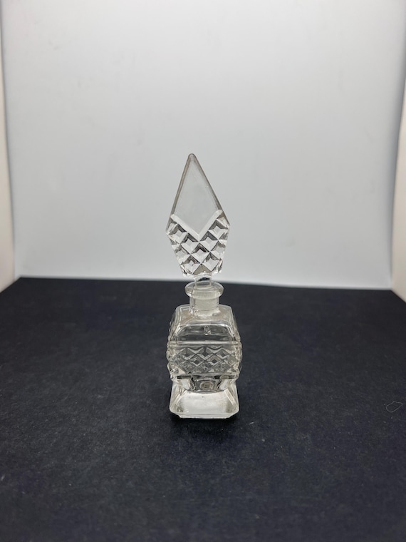 Vintage Miniature Diamond Cut Glass Perfume Bottle with Elegant Diamond-Shaped Stopper
