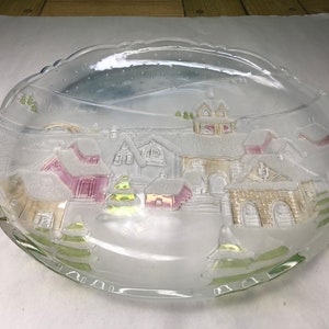 Vintage Heavy Frosted Glass Holiday Winter Scene Hand painted with Gorgeous Coloring and details great size