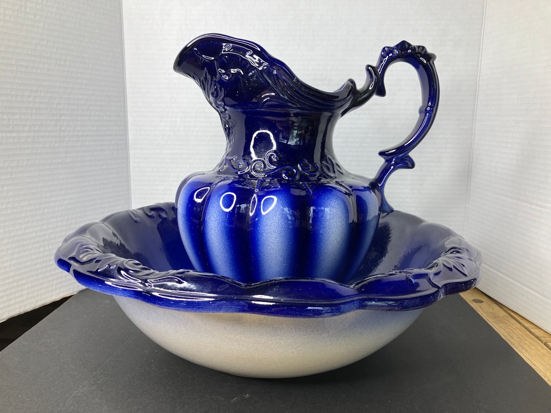 ANTIQUE IRONSTONE COLBALT Wash Basin and Pitcher Ironstone England 1890