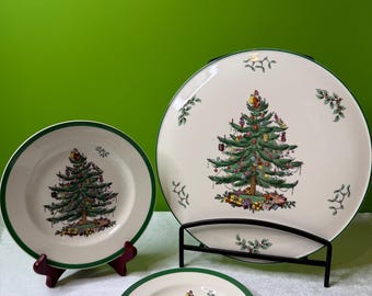Vintage Choice of 3 Spode Christmas Tree (Green Trim) Dinnerware Items ~ Cake/Cheese Plate, Salad Plate, Dessert Plate