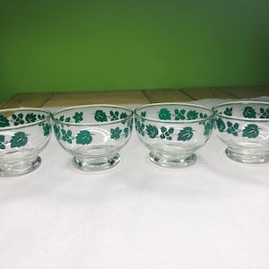 Vintage Heavy Clear Glass Sherbert Dessert Bowls with Green Southern Ivy Pattern and Gorgeous shape and Foot set of 4